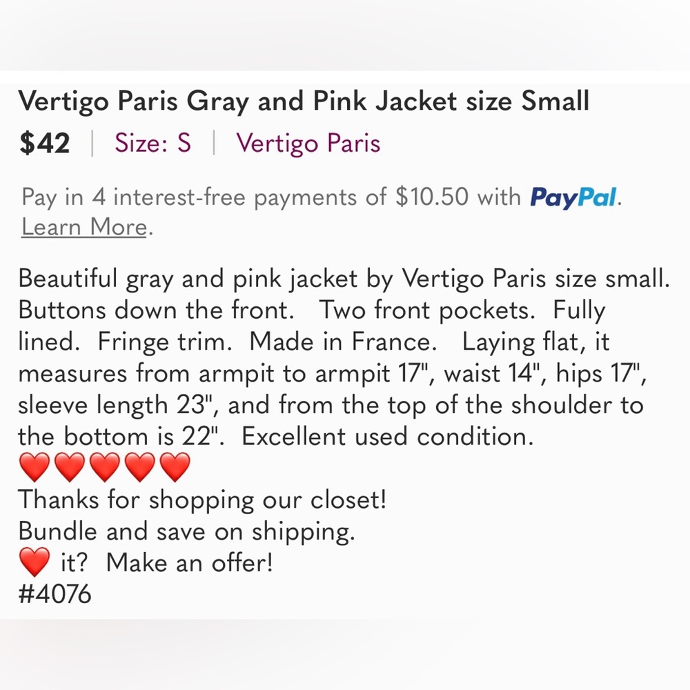 Vertigo Paris Gray and Pink Jacket size Small - Picture 2 of 7